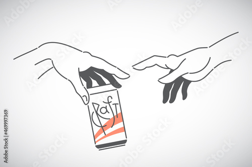 Craft beer concept, funny illustration. Hand holding beer can, two male hands like a creation of Adam. Simple linear drawings. Bartender, Barman's day template, graphic design elements, bar decoration