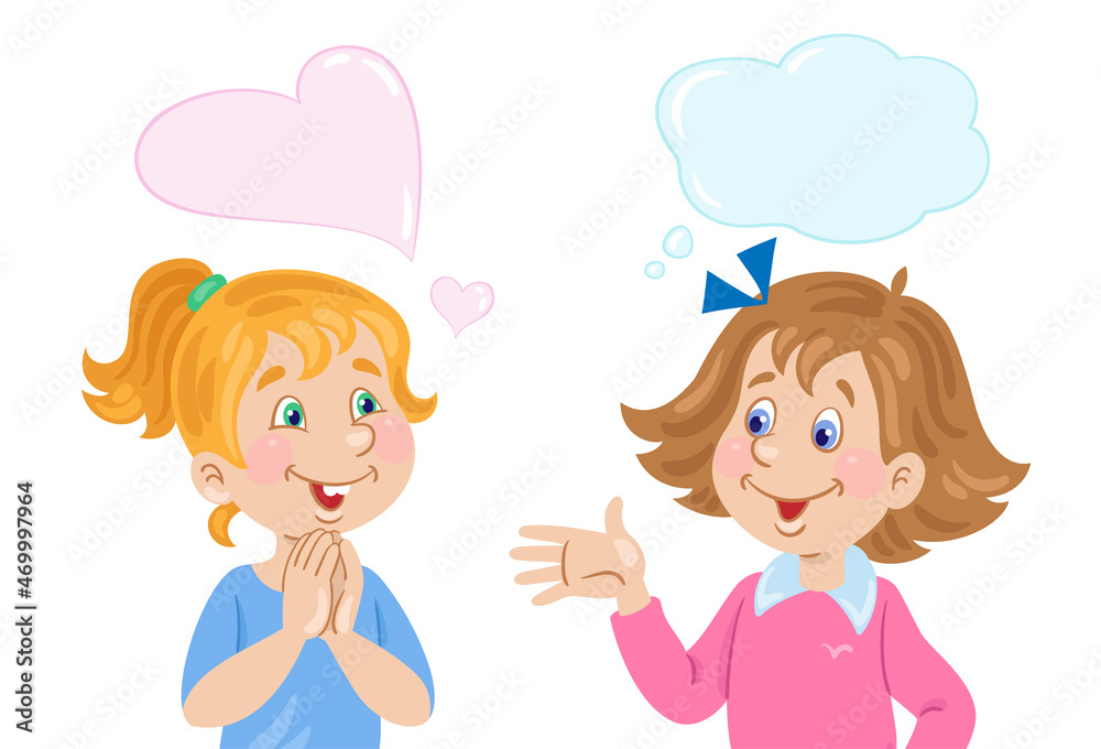 Funny conversation between two little happy girls. Picture in cartoon style with speech bubbles. Isolated on white background. Vector flat illustration. Children and emotions. Funny conversation between two little happy girls. Picture in cartoon style with speech bubbles. Isolated on white background. Vector flat illustration. Children and emotions.