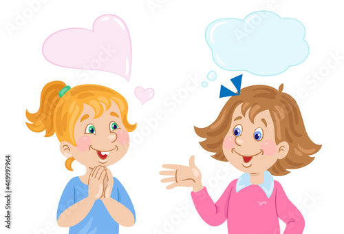 Funny conversation between two little happy girls. Picture in cartoon style with speech bubbles. Isolated on white background. Vector flat illustration. Children and emotions. 