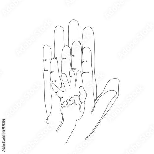 Family of Four Holding Hands Minimalist Single Line Art - Customised Family Name Print - Parents and Children Continuous Line Canvas. Vector