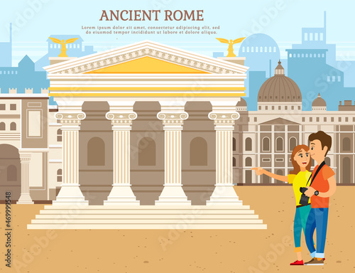 Couple of tourists traveling, take photo in Rome with pantheon temple column building. Travel to Italy tourism on vacation or studying, italian people and landmarks, architecture, culture sightseeings