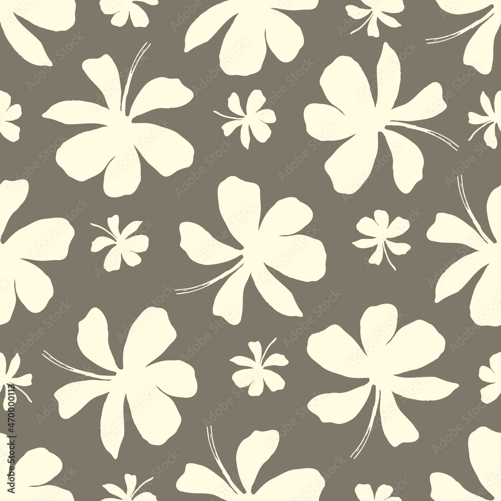 Abstract jasmine floral vector seamless pattern background. Silhouettes of flower heads, blossom, petals. Brown cream white backdrop. Botanical repeat of medicinal healing plant. All over print Abstract jasmine floral vector seamless pattern background. Silhouettes of flower heads, blossom, petals. Brown cream white backdrop. Botanical repeat of medicinal healing plant. All over print