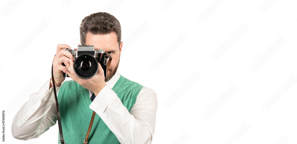 man hold retro photo camera isolated on white background, copy space, photographing man hold retro photo camera isolated on white background, copy space, photographing