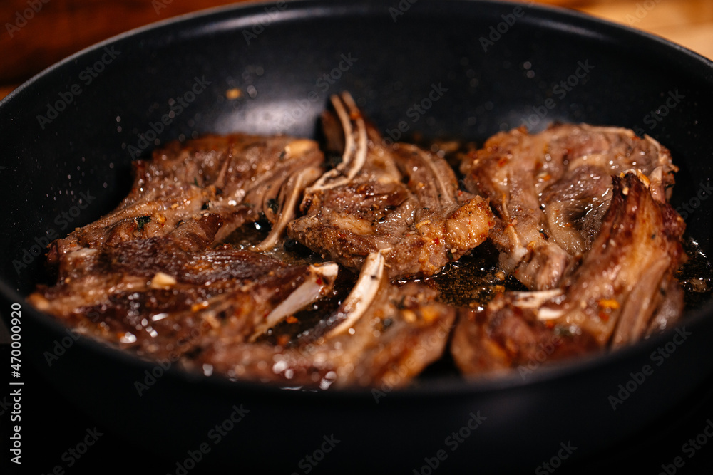 Lamb Cooking. Delicious Meat dish. Close Up. Appetizing Meat Dish. Lamb Cooking. Delicious Meat dish. Close Up. Appetizing Meat Dish.