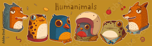 Funny portrait vector set of humanized animals. Cute isolated cartoon heads of foxes, birds and frogs. Trendy dressed sketch drawn animal characters with various emotions. Sticker pack worthy