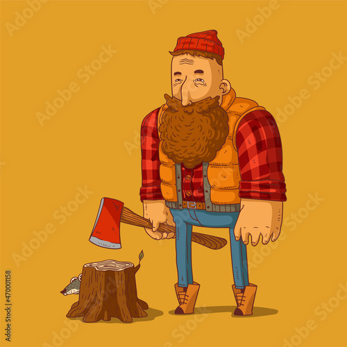 Huge logger with an axe in his hand and forest animal hiding behind the stump. Sketch drawn vector illustration of bearded woodcutter with massive arms wearing a plaid shirt, vest, jeans and knit cap