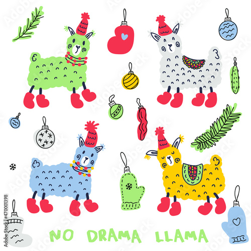 Christmas lamas in boots and hats doodle collection. Perfect for poster, stickers and print. Hand drawn vector illustration for decor and design. 
