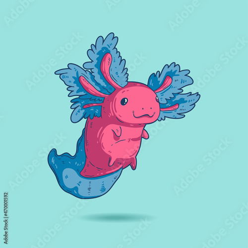 Kawaii vector illustration of cheerful tiny axolotl. Cute floating pink and blue axolotl with enthusiastic look and nice smile. Nature protection mascot. Square zoo or oceanarium wall art, poster