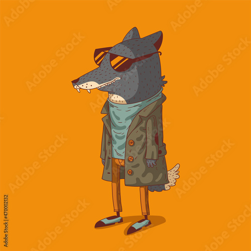 Sketch drawn vector illustration of humanized wolf dude. Anthropomorphic wolf. Trendy animal character with human body. Standing wolf wearing long sleeve shirt, trousers, shoes, a coat and sunglasses