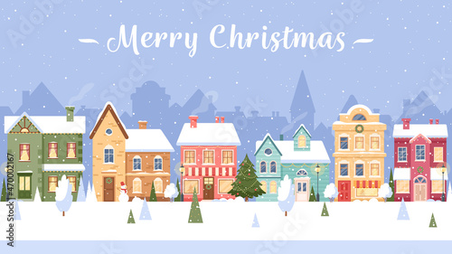 Winter city street. Vector Christmas town with houses, falling snow, trees, snowman, festive garlands. Snowy village landscape. Cityscape. Happy Holidays banner, greeting card for New year and Xmas 