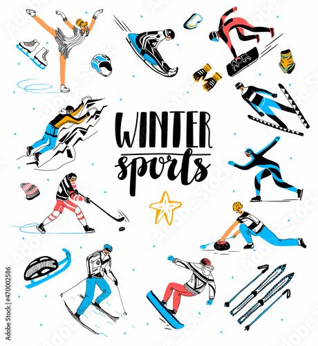 Vector flat set with athletes in motion. Lettering winter sports. Ski mountaineering, luge, ski jumping, snowboarding, freestyle, skeleton, Curling, figure skating, ice climbing, speed skating, hockey