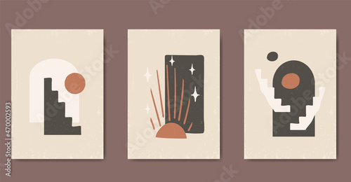 Set of trendy minimalist abstract contemporary collages, night and day, stairs way wall art gallery poster design
