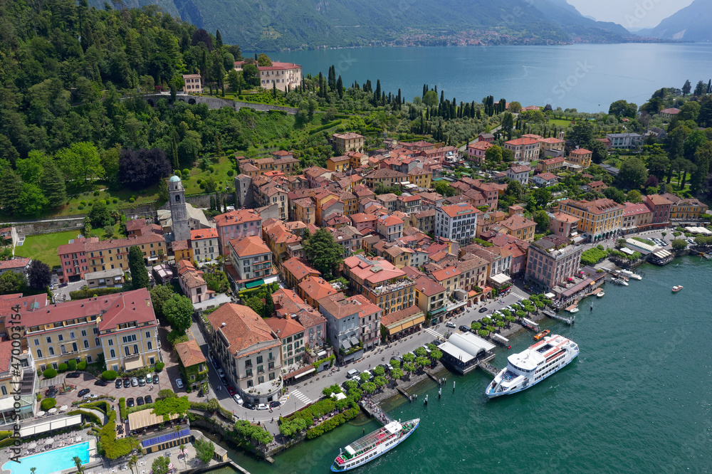 Drone Aerial Photo of the beautiful village of Bellagio on Lake Como Italy