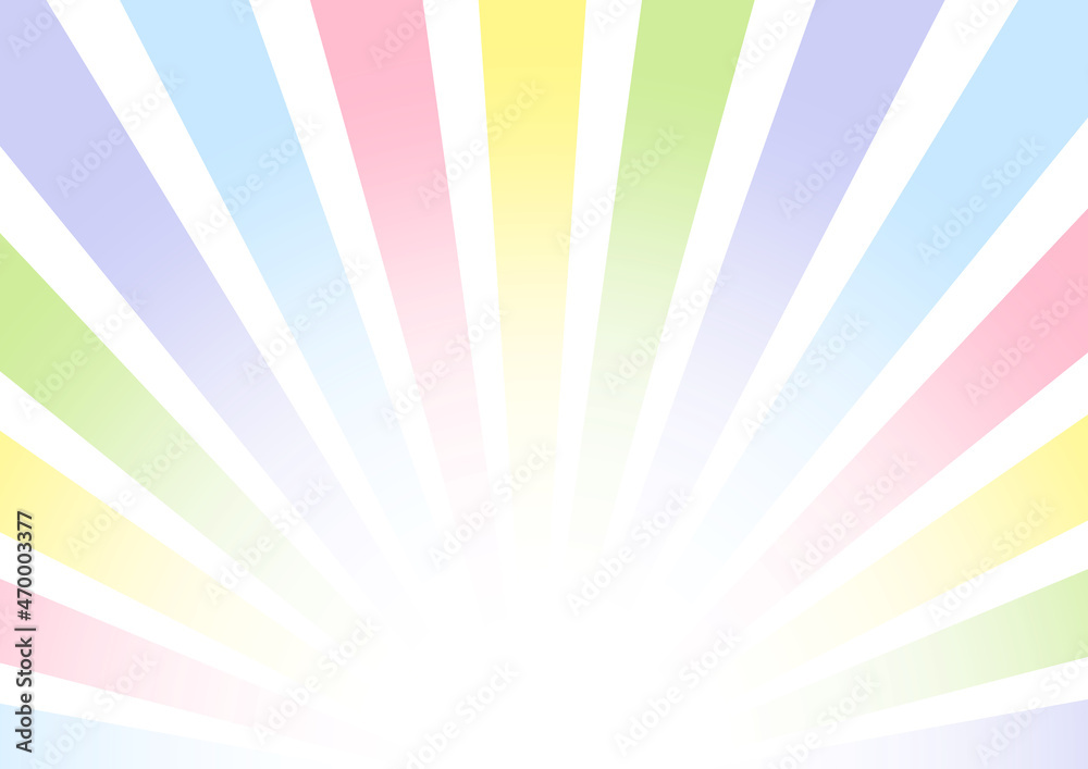 カラフルなレインボーカラー集中線サンバースト背景／Colorful rainbow color concentrated line sunburst background