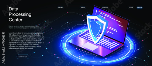 Network data security isometric. Online server protection system concept with data center or blockchain. Cyber security, data protection, cyberattacks concept on blue background. Database security