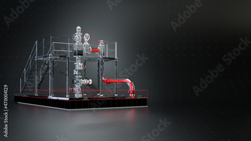 digital hologram of hi tech artifical lift oil machine with shiny glass and valves. metaphor for data is the new oil, data mining digital industry AI 3d rendered illustration. photo