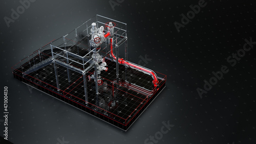 digital hologram of hi tech artifical lift oil machine with shiny glass and valves. metaphor for data is the new oil, data mining digital industry AI 3d rendered illustration. photo