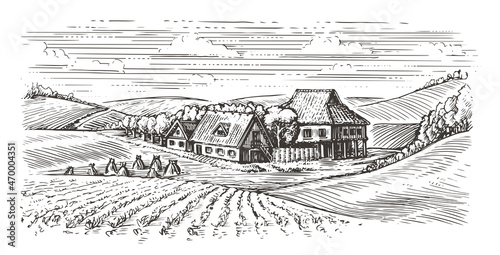 Rustic landscape, agriculture. Farm fields with houses agricultural hand drawn vector illustration