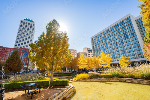 Sunny view of downtown cityscape