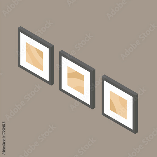 Isometric 3d picture frames on wall vector illustration. Interior decor posters abstract art beige colors. Scandinavian style minimal interior design elements.