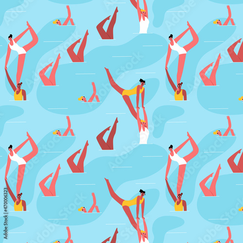 Vector seamless pattern with the performance of athletes in synchronized swimming. Concept summer sports, water ballet. It can be used to design the pattern of fabrics, wallpaper, wrappers, etc.