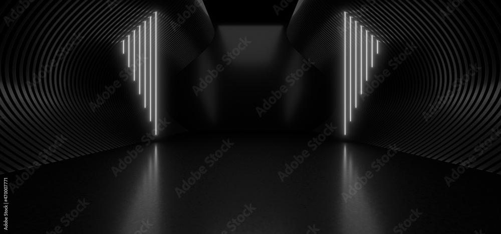 A dark tunnel lit by white neon lights. Reflections on the floor and walls. 3d rendering image.