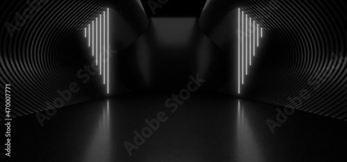Obraz na płótnie A dark tunnel lit by white neon lights. Reflections on the floor and walls. 3d rendering image. w salonie
