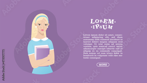 Girl with books banner background. Young girl standing holding books isolated on violet background flat vector illustration. Student book lovers club, literature courses, book crossing character.