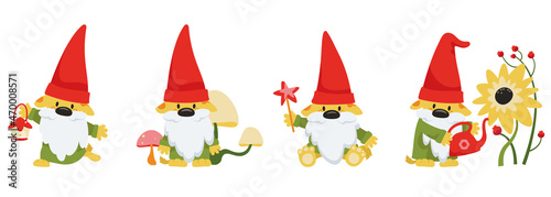 Dog gnome in different poses. Fairytale character in cartoon style