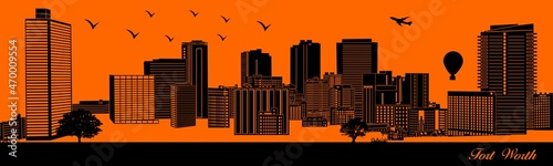 Vector city skyline silhouette - illustration, 
Town in orange background, 
Fort Worth Texas