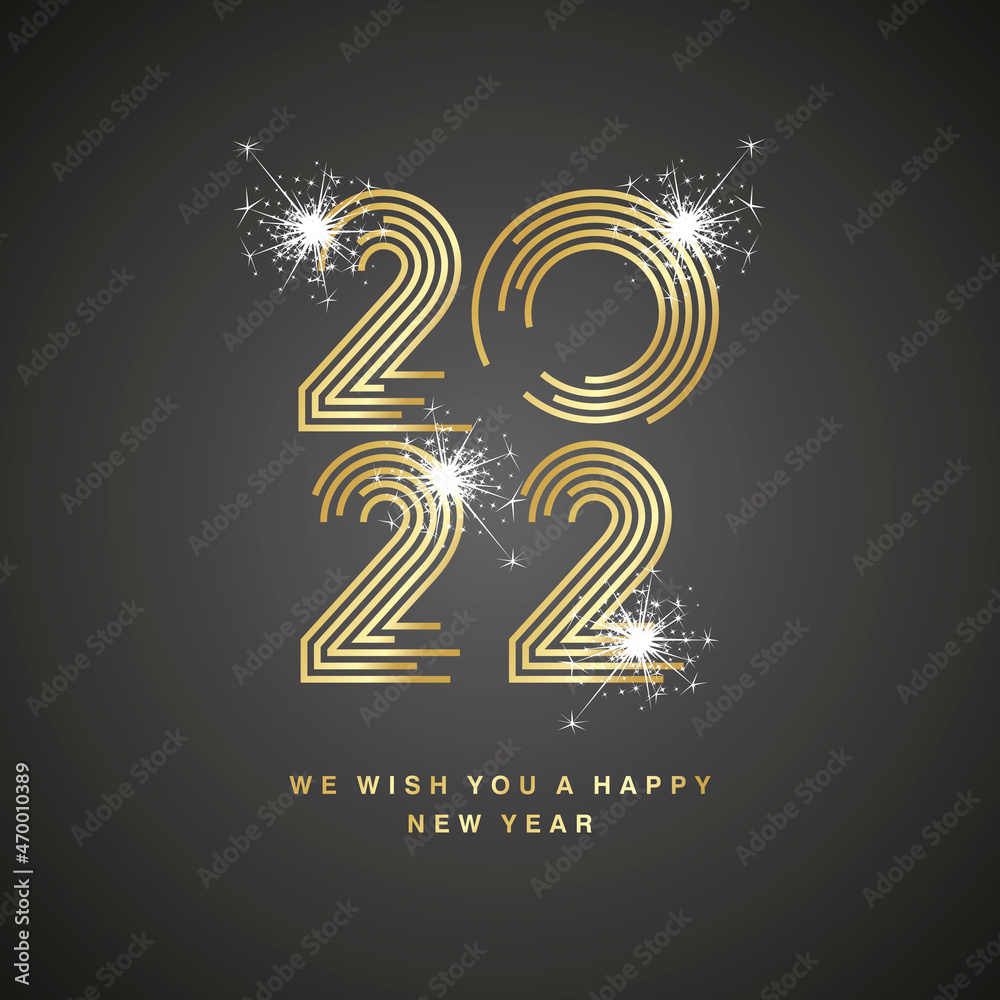 Fototapeta premium Happy New Year 2022 modern new trendy golden pop line design typography abstract numbers white sparkler logo icon black background vector