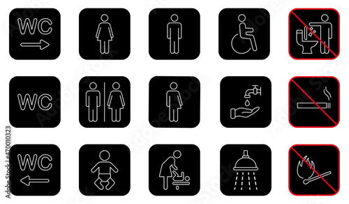 Set of WC Line Icon. Toilet Room Sign. Mother and Baby Room. Public Washroom for Disabled, Male, Female, Transgender Outline Pictogram. No smoking Sign. Editable Stroke. Vector Illustration