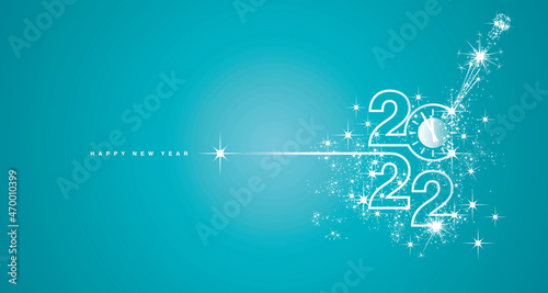 New Year 2022 shining line design typography clock countdown firework champagne white sea green background vector