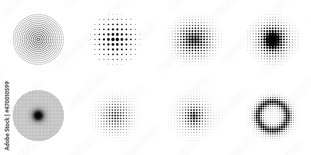 Halftone Gradient Circles Pictogram Set. Abstract Halftone Dots Pattern. Round Gradient Geometric Black and White Circle Texture. Raster Round Retro Dots. Isolated Vector Illustration