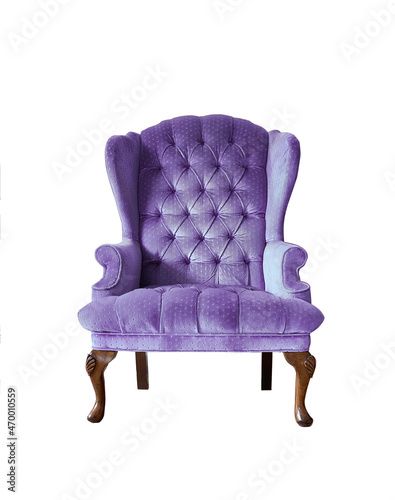 Isolated violet armchair. Vintage velvet armchair on white background. Insulated furniture