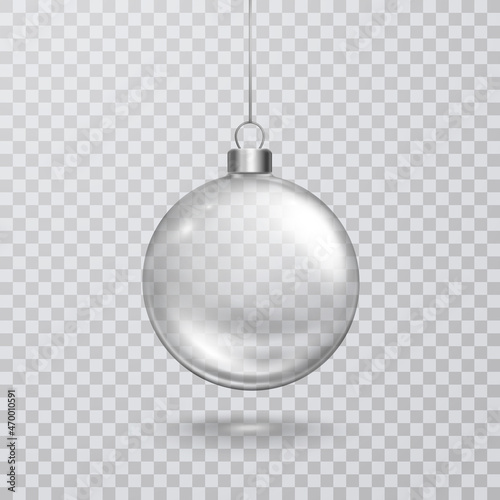 Christmas tree empty ball with silver ribbon isolated on transparent background. Vector translucent clear glass xmas bauble and shadow template
