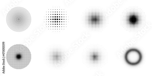 Halftone Gradient Circles Pictogram Set. Abstract Halftone Dots Pattern. Round Gradient Geometric Black and White Circle Texture. Raster Round Retro Dots. Isolated Vector Illustration