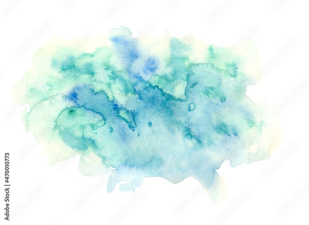 Bright emerald green and blue horizontal watercolor background. Unique sky or water watercolour stain illustration, bright stain for decoration