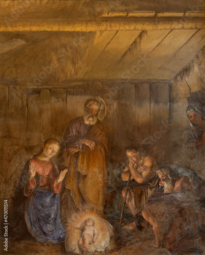 FERRARA, ITALY - NOVEMBER 9, 2021: The fresco of Adoratio of Shepherds in church Chiesa di San Francesco by Girolamo Domenichini (1812 – 1891).