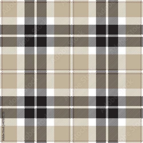 Beige, black and white tartan plaid. Scottish pattern fabric swatch close-up.