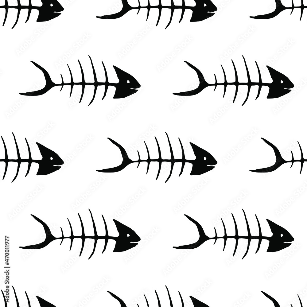 Black carp fish skeleton seamless pattern vector illustration. Ocean or sea background. Fish skeleton bones isolated on white. Marine summer design.