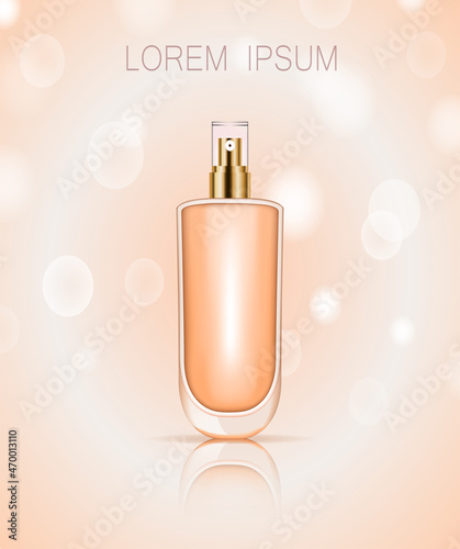 3D perfume bottle isolated on background. For poster, placard, commercial ads, template package and banner. Perfume bottle for cosmetic product, advert, marketing and promotion materials