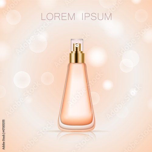 3D perfume bottle isolated on background. For poster, placard, commercial ads, template package and banner. Perfume bottle for cosmetic product, advert, marketing and promotion materials