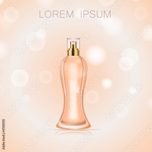 3D perfume bottle isolated on background. For poster, placard, commercial ads, template package and banner. Perfume bottle for cosmetic product, advert, marketing and promotion materials