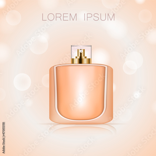 3D perfume bottle isolated on background. For poster, placard, commercial ads, template package and banner. Perfume bottle for cosmetic product, advert, marketing and promotion materials