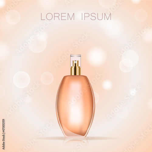 3D perfume bottle isolated on background. For poster, placard, commercial ads, template package and banner. Perfume bottle for cosmetic product, advert, marketing and promotion materials