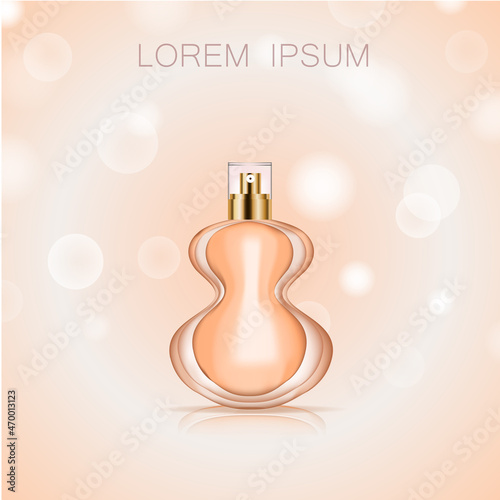 3D perfume bottle isolated on background. For poster, placard, commercial ads, template package and banner. Perfume bottle for cosmetic product, advert, marketing and promotion materials