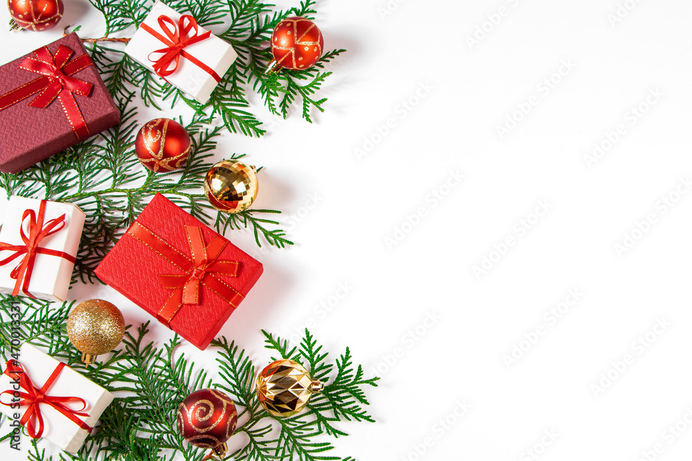 Christmas gifts with red ribbon on white background. New Years 2021 concept.