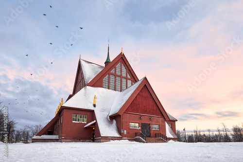 Church of Kiruna in winter during sunset. Kiruna church and is one of Sweden's largest wooden church buildings, completed in 1912.