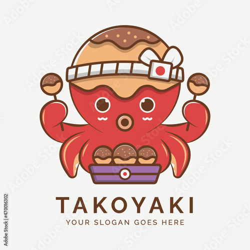Fotografia octopus holding takoyaki logo vector template